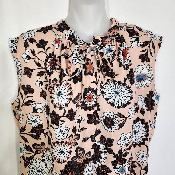 Ann Taylor Loft Womens Top Small Pink Floral Popover Tie Neck Career Sleeveless - Picture 3 of 10
